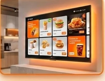 Tela com cardápio digital e promoções em um estabelecimento