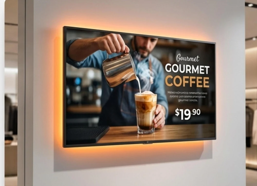 Tela digital com uma campanha de café em um estabelecimento